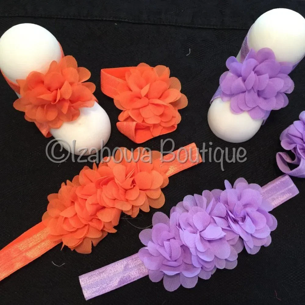 Orange Mum Trio Flower Barefoot Sandal & Headband Set  HAND CRAFTED  3SETORG